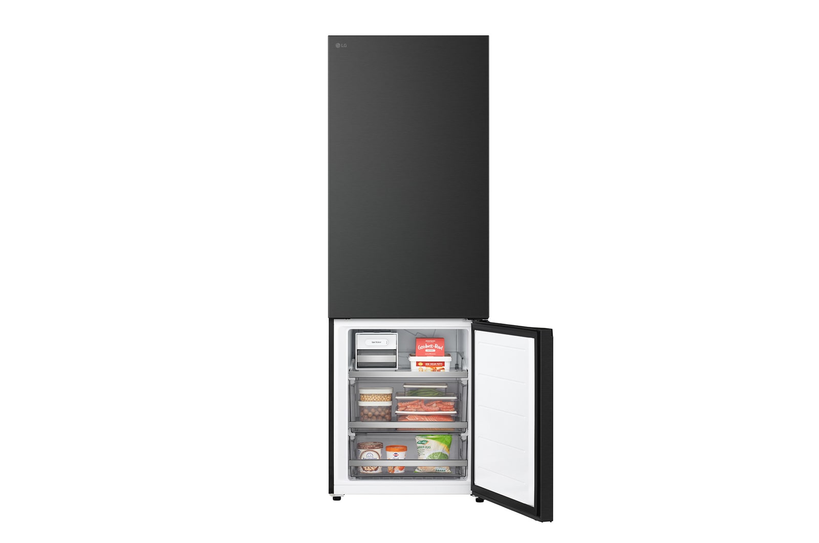 Congélateur bas LG installé encastré dans un grand mur beige chaud, avec des flèches blanches pointant vers les surfaces supérieure, latérale et avant du réfrigérateur.