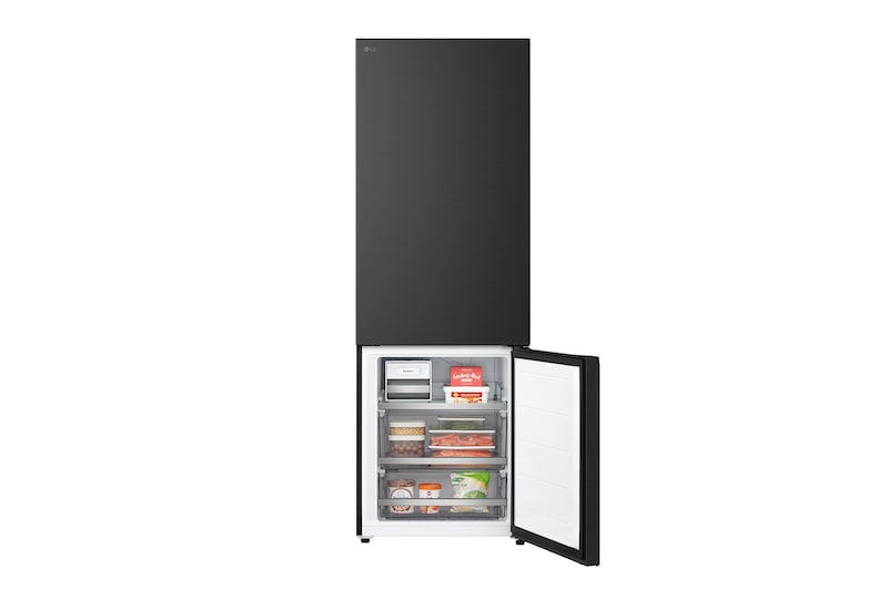 Congélateur bas LG installé encastré dans un grand mur beige chaud, avec des flèches blanches pointant vers les surfaces supérieure, latérale et avant du réfrigérateur.