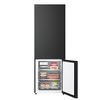 Congélateur bas LG installé encastré dans un grand mur beige chaud, avec des flèches blanches pointant vers les surfaces supérieure, latérale et avant du réfrigérateur.
