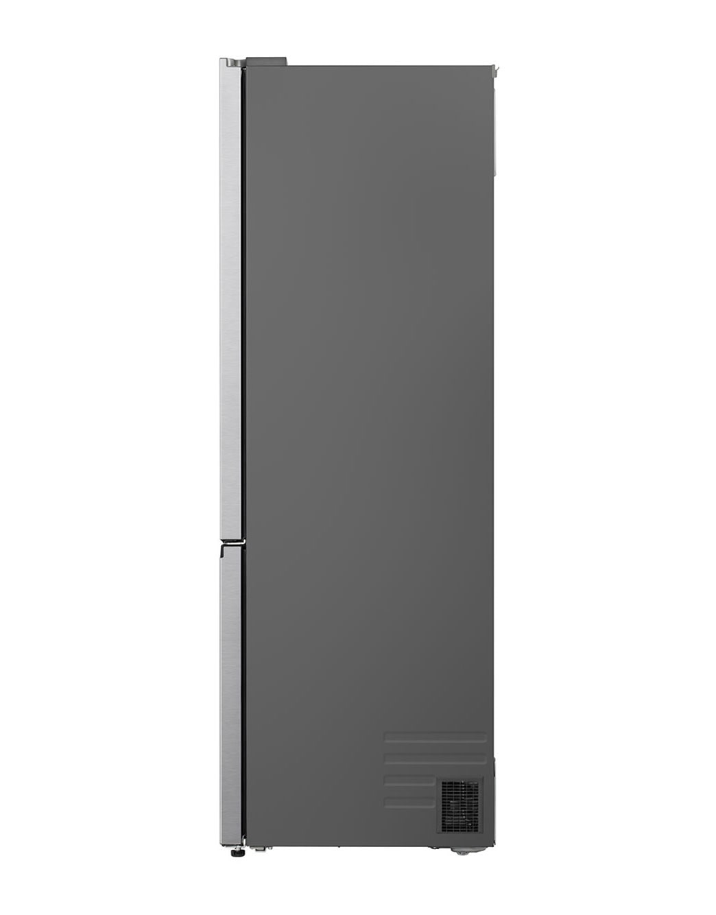 Réfrigérateur congélateur LG (gbbw726cpy) intégré dans une armoire marron foncé avec fenêtre et canapé à gauche et évier à droite