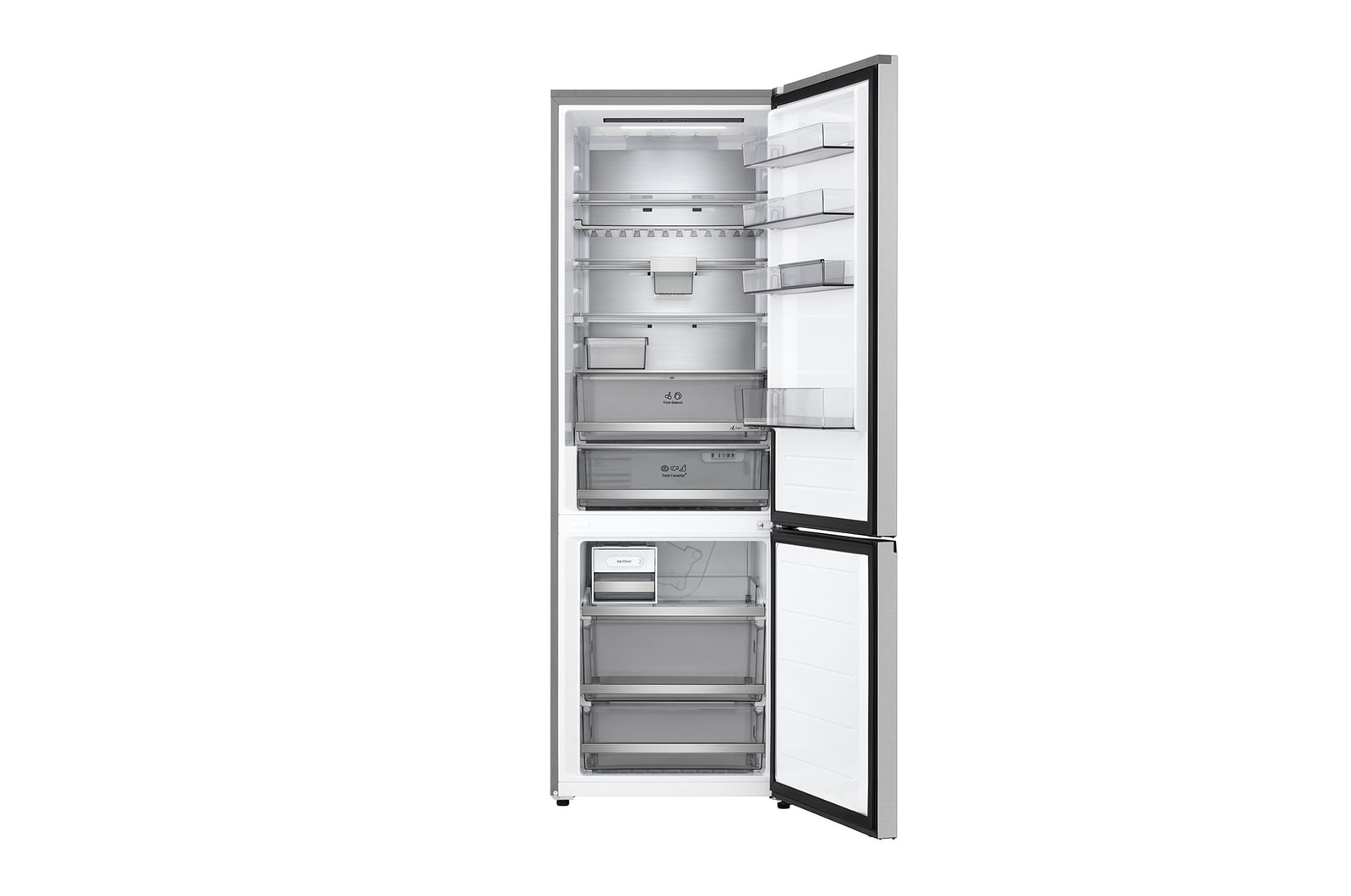 Vue de dessus du réfrigérateur congélateur LG (gbbw726cpy) avec un réfrigérateur noir mat à gauche et un mur d’armoire à droite