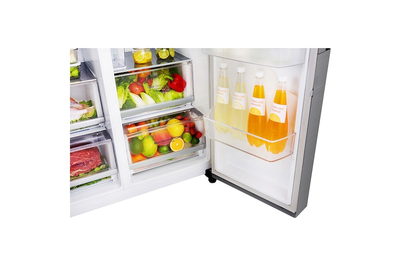 LG Side-by-Side avec Door-in-Door® | Distributeurs de glace, glace pilée et eau | Capacité de 625 litres | Classe d'efficacité énergétique E | réservoir d'eau | Acier | GSJ761PZEE, GSJ761PZEE