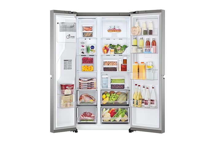 LG Side-by-Side avec Door-in-Door ® | Distributeur de glace, de glace pilée et d'eau | Capacité de 635 litres | Classe d'efficacité énergétique E | Réservoir d'eau interne | Platinum Silver | GSJV51PZTE, GSJV51PZTE