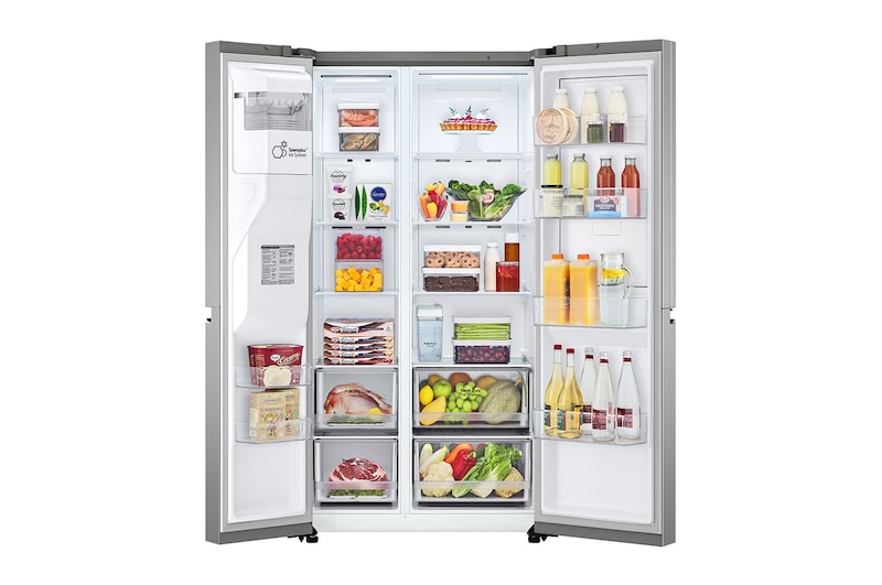 LG Side-by-Side avec Door-in-Door ® | Distributeur de glace, de glace pilée et d'eau | Capacité de 635 litres | Classe d'efficacité énergétique E | Réservoir d'eau interne | Platinum Silver | GSJV51PZTE, GSJV51PZTE