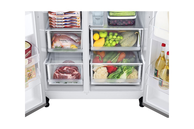 LG Side-by-Side avec Door-in-Door ® | Distributeur de glace, de glace pilée et d'eau | Capacité de 635 litres | Classe d'efficacité énergétique E | Réservoir d'eau interne | Platinum Silver | GSJV51PZTE, GSJV51PZTE