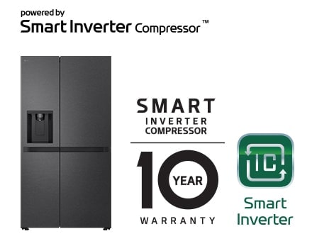 Image du produit avec logo Smart Inverter Compressor™ et logo de garantie 10 ans.