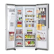 LG Side-by-Side avec InstaView Door-in-Door® | Distributeurs de glace, glace pilée et eau | Capacité de 635 litres | Classe d'efficacité énergétique E | Raccordement fixe à l'eau | acier brossé | GSXV90BSAE, GSXV90BSAE