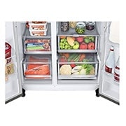 LG Side-by-Side avec InstaView Door-in-Door® | Distributeurs de glace, glace pilée et eau | Capacité de 635 litres | Classe d'efficacité énergétique E | Raccordement fixe à l'eau | acier brossé | GSXV90BSAE, GSXV90BSAE