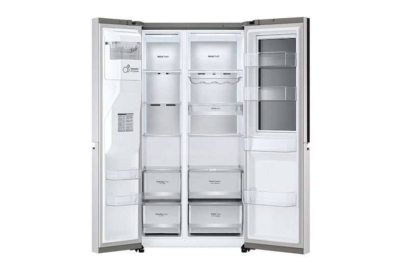 LG Side-by-Side avec InstaView Door-in-Door® | Distributeurs de glace, glace pilée et eau | Capacité de 635 litres | Classe d'efficacité énergétique E | Raccordement fixe à l'eau | acier brossé | GSXV90BSAE, GSXV90BSAE