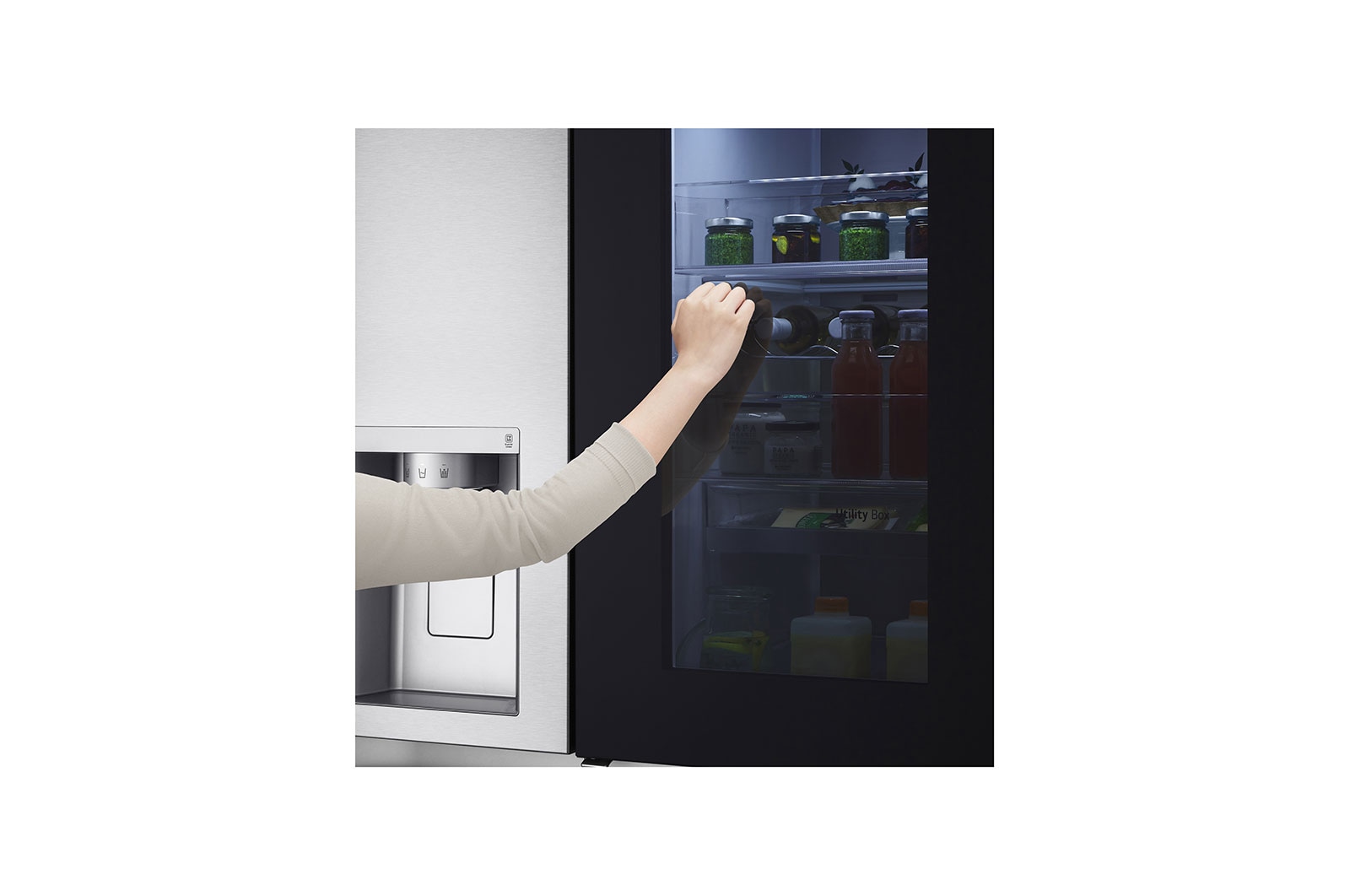 LG Side-by-Side avec InstaView Door-in-Door® | Boules de glace Craft | Distributeur de glace, glace pilée et eau | Capacité de 635 litres | Classe d'efficacité énergétique E | Raccordement fixe à l'eau | Brushed Steel | GSXV90BSDE, GSXV90BSDE