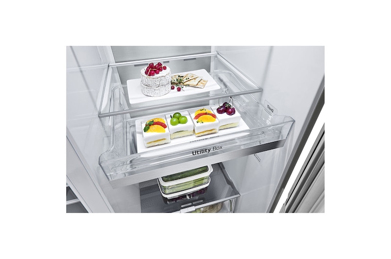 LG Side-by-Side avec InstaView Door-in-Door® | Boules de glace Craft | Distributeur de glace, glace pilée et eau | Capacité de 635 litres | Classe d'efficacité énergétique E | Raccordement fixe à l'eau | Brushed Steel | GSXV90BSDE, GSXV90BSDE