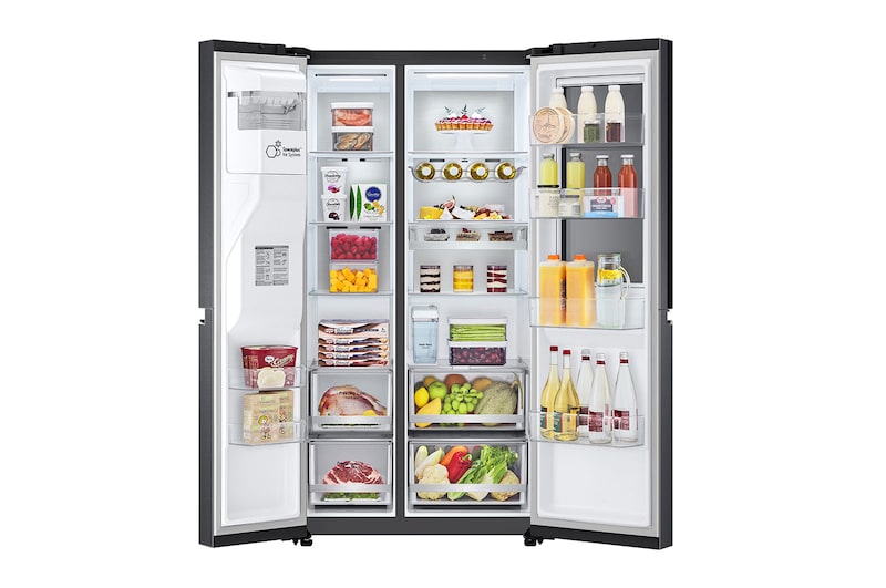 LG Side-by-Side avec InstaView Door-in-Door® | Distributeur de glace, de glace pilée et d'eau | Capacité de 635 litres | Classe d'efficacité énergétique E | Raccordement fixe à l'eau | Matte Black Steel | GSXV90MCAE, GSXV90MCAE