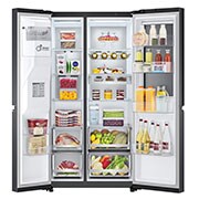 LG Side-by-Side avec InstaView Door-in-Door® | Distributeur de glace, de glace pilée et d'eau | Capacité de 635 litres | Classe d'efficacité énergétique E | Raccordement fixe à l'eau | Matte Black Steel | GSXV90MCAE, GSXV90MCAE
