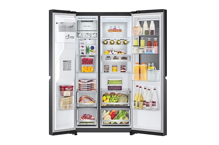 LG Side-by-Side avec InstaView Door-in-Door® | Distributeur de glace, de glace pilée et d'eau | Capacité de 635 litres | Classe d'efficacité énergétique E | Raccordement fixe à l'eau | Matte Black Steel | GSXV90MCDE, GSXV90MCDE