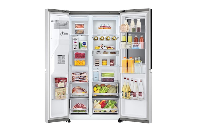 LG Side-by-Side avec InstaView Door-in-Door® | Distributeurs de glace, glace pilée et eau | Capacité de 635 litres | Classe d'efficacité énergétique E | Réservoir d'eau interne 4L | acier brossé | GSXV91BSAE, GSXV91BSAE