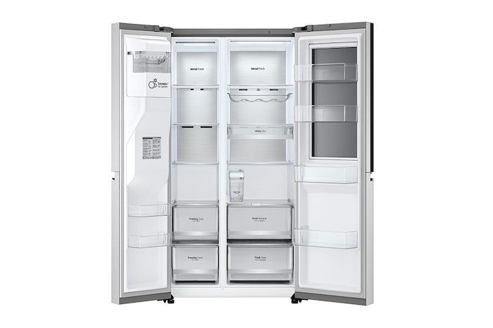 LG Side-by-Side avec InstaView Door-in-Door® | Distributeurs de glace, glace pilée et eau | Capacité de 635 litres | Classe d'efficacité énergétique E | Réservoir d'eau interne 4L | acier brossé | GSXV91BSAE, GSXV91BSAE