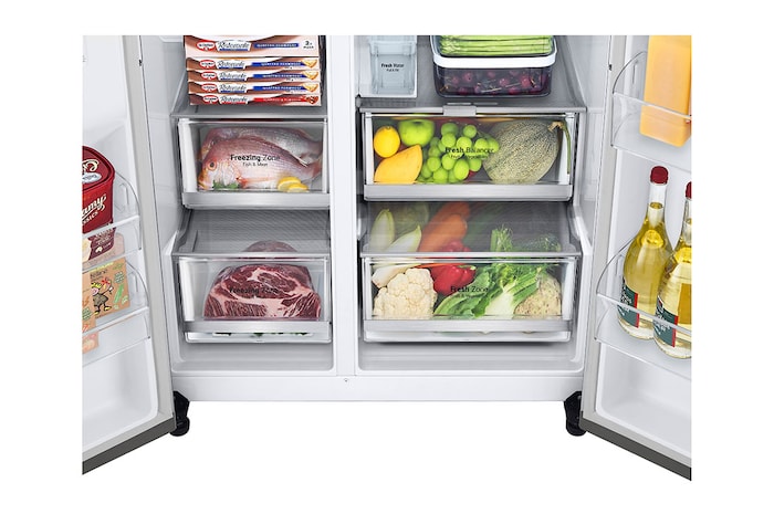 LG Side-by-Side avec InstaView Door-in-Door® | Distributeurs de glace, glace pilée et eau | Capacité de 635 litres | Classe d'efficacité énergétique E | Réservoir d'eau interne 4L | acier brossé | GSXV91BSAE, GSXV91BSAE
