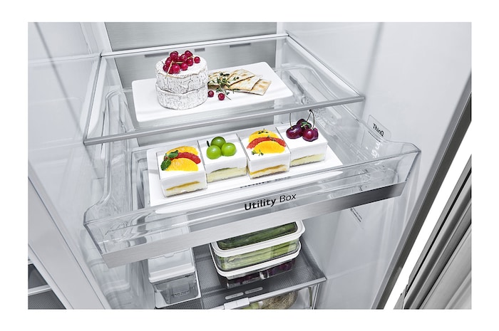 LG Side-by-Side avec InstaView Door-in-Door® | Distributeurs de glace, glace pilée et eau | Capacité de 635 litres | Classe d'efficacité énergétique E | Réservoir d'eau interne 4L | acier brossé | GSXV91BSAE, GSXV91BSAE