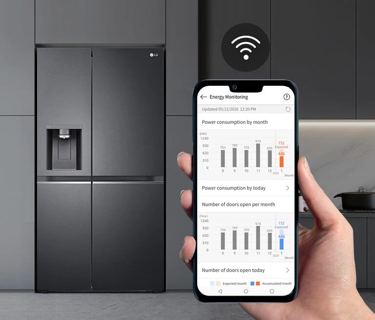 Une cuisine avec le réfrigérateur est à l’arrière-plan avec une main tenant un téléphone au premier plan montrant l’application LG ThinQ. L’application affiche les statistiques d’entretien. Au-dessus du téléphone se trouve l’icône Wifi.