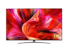 QNED96 montant une image en gros plan de pétales dans des nuances rouges et le logo 8K à l’écran.