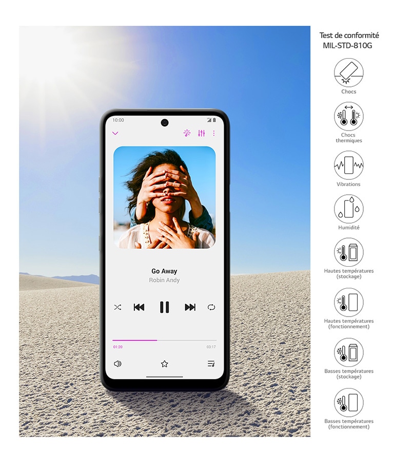 Un smartphone au milieu du désert qui lit de la musique