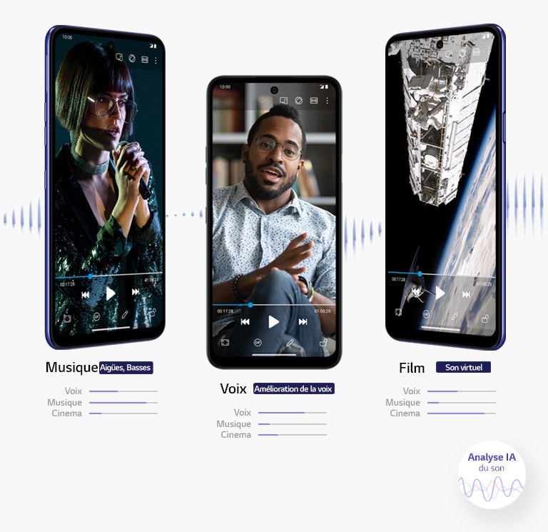 Trois smartphones qui jouent un film, de la musique et une vidéo respectivement.