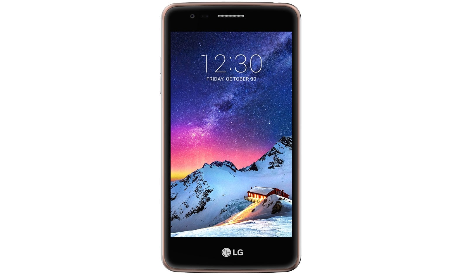 Vue avant de Smartphone de milieu de gamme avec un appareil photo principal de 13 MP et un écran tactile In-Cell HD 12,7 cm à économie d‘énergie LG K8 (2017) Gold