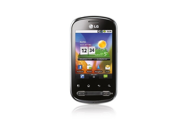 Vue avant de OPTIMUS ME Smartphone avec écran tactile capacitif 2,8 pouces (7,11 cm), lecteur MP3, prise jack 3,5 mm, fente Micro-SD pour cartes jusqu&#39;à 32 Go P350