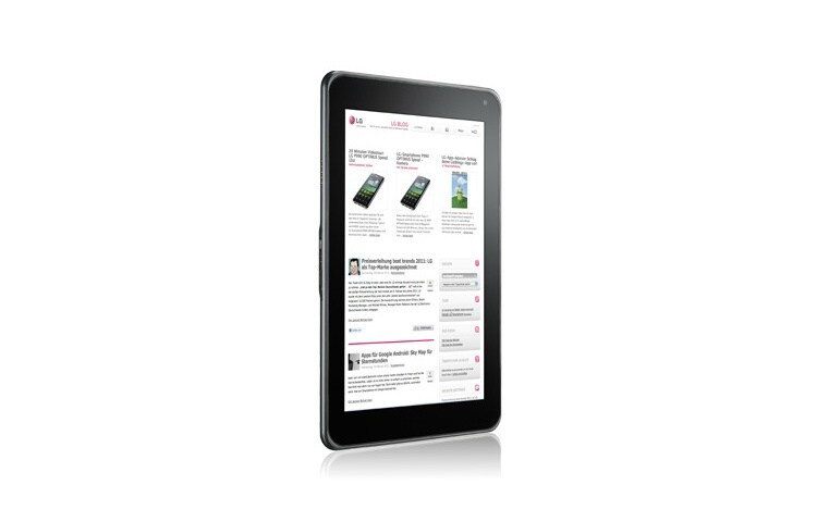 Vue avant de Superbe tablette LG avec écran capacitif de 8,9 pouces, Android 3.0, Enregistrements vidéo en 3D et 32 Go de mémoire. V900