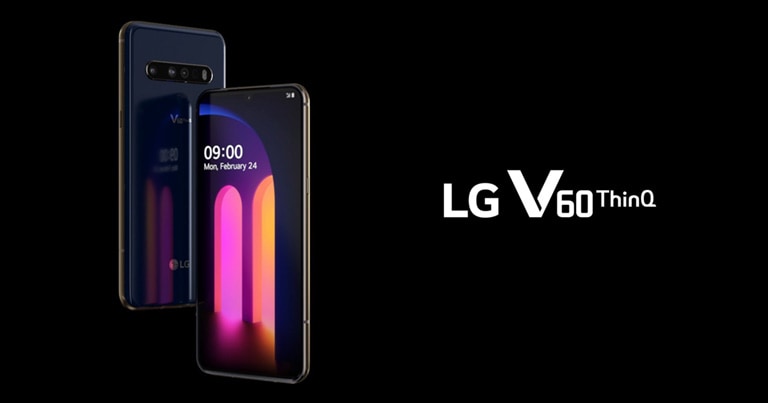 Façades avant et arrière du LG V60 ThinQ à la verticale dans un lieu sombre.