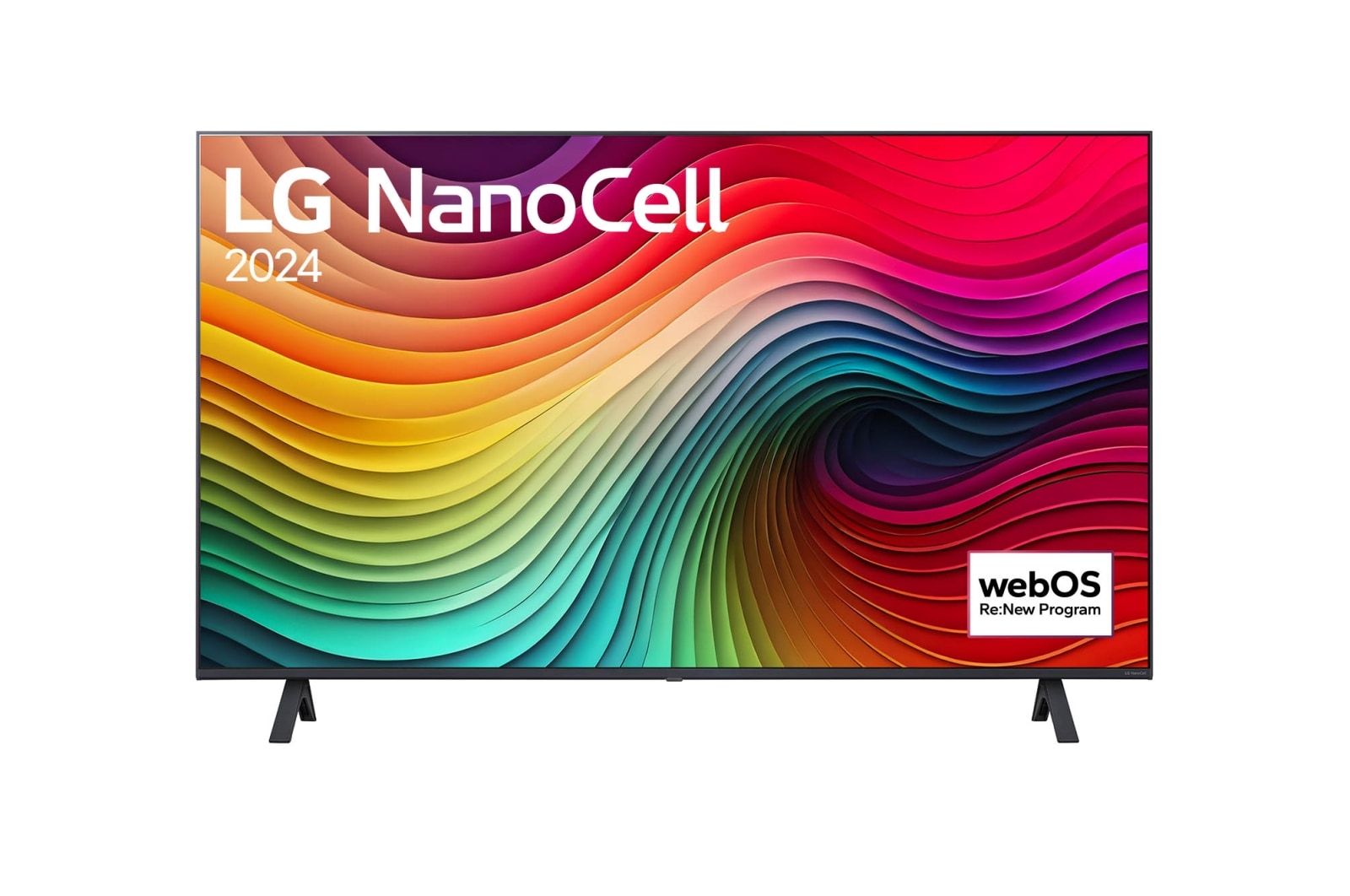 Vue de face du téléviseur LG NanoCell, NANO80 avec le texte LG NanoCell, 2024, et le logo webOS Re:New Program à l’écran.