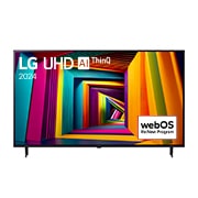 Vue avant du téléviseur LG UHD, UT90 avec texte LG UHD AI ThinQ, 2024 et logo webOS Re:New Program à l’écran