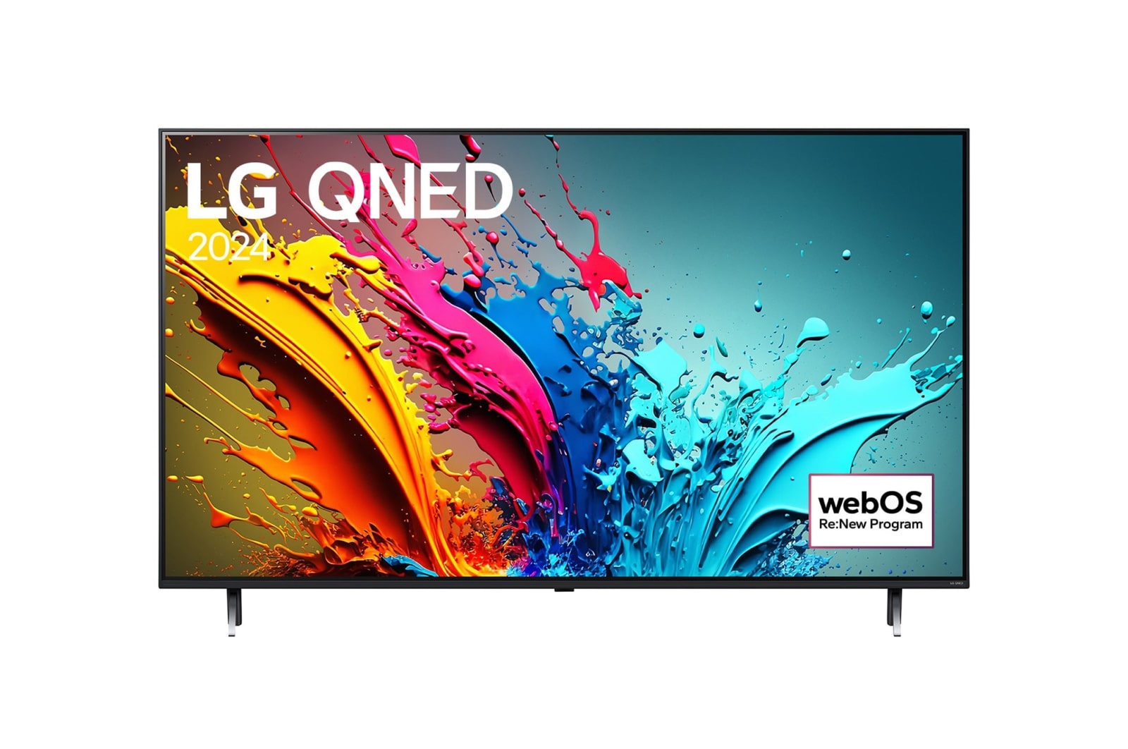 Vue de face du téléviseur LG QNED, QNED87 avec le texte LG QNED, 2024, et le logo webOS Re:New Program à l’écran.