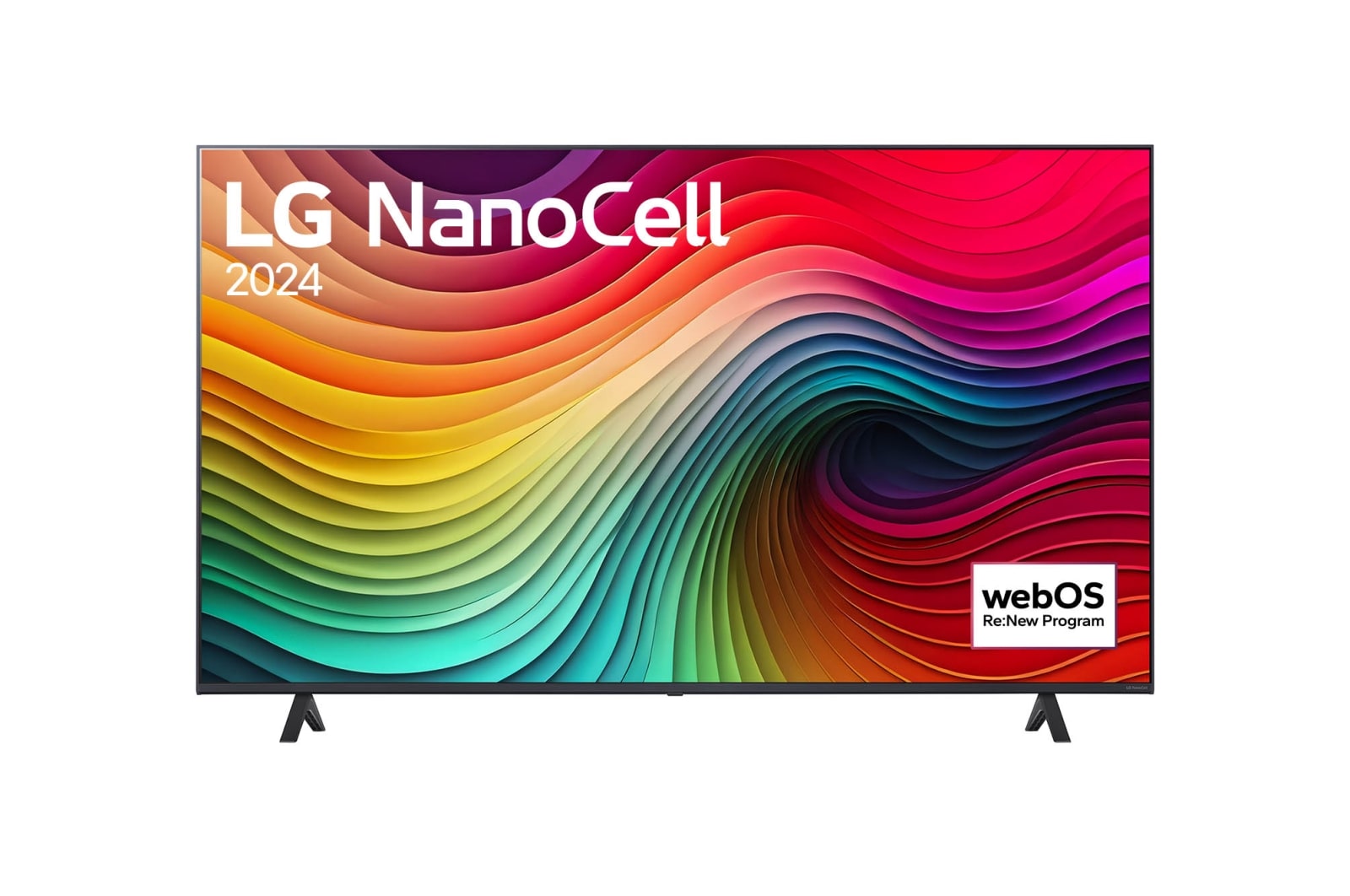 Vue de face du téléviseur LG NanoCell, NANO80 avec le texte LG NanoCell, 2024, et le logo webOS Re:New Program à l’écran.