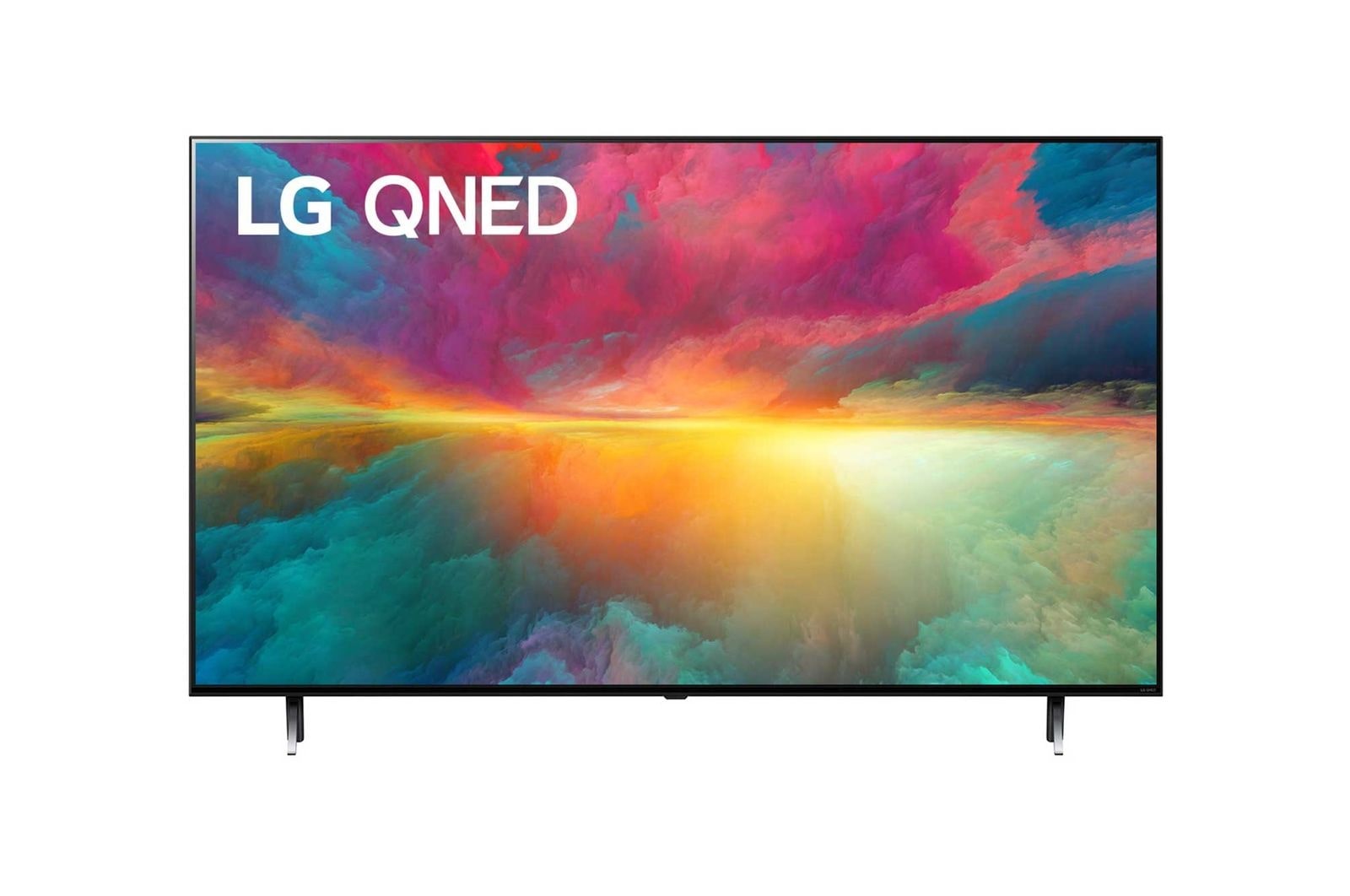 Vue avant du téléviseur LG QNED fond d'écran et logo du produit