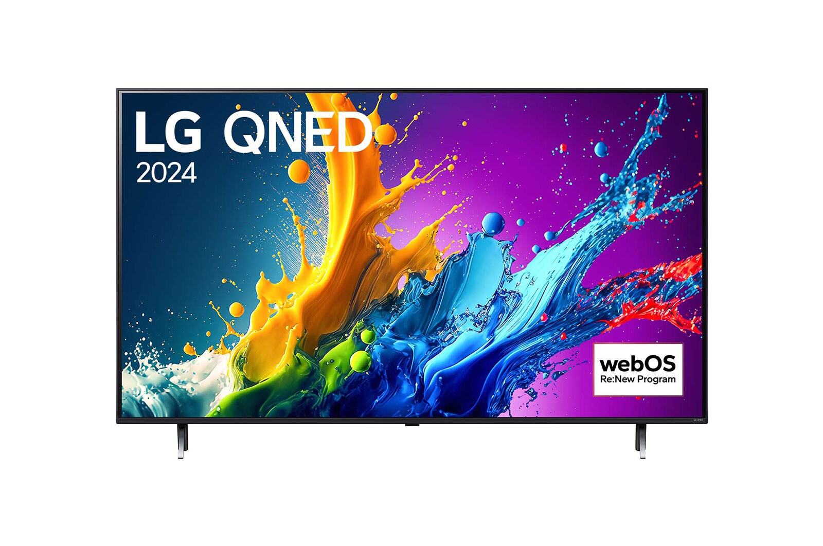 Vue de face du téléviseur LG QNED, QNED80 avec le texte LG QNED, 2024, et le logo webOS Re:New Program à l’écran.