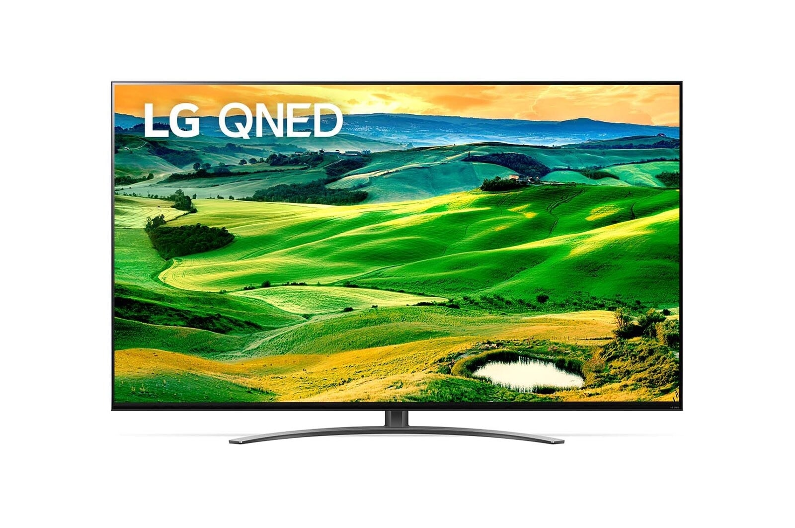 Vue avant du téléviseur LG QNED avec image de remplissage et logo du produit