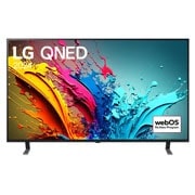 Vue de face du téléviseur LG QNED, QNED85 avec le texte LG QNED, 2024, et le logo webOS Re:New Program à l’écran.