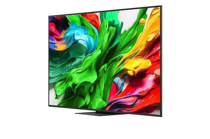 Front view and side view of LG QNED evo AI QNED85 4K Smart TV showing its length, width, height, and depth dimensions.