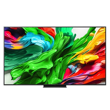 Front view of LG QNED evo QNED85 TV, LG QNED evo Al Logo on the top corner. LG QNED evo QNED85 TV depicts colorful paintike textures coming together.
