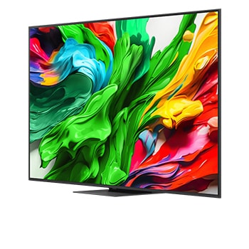 Front view and side view of LG QNED evo AI QNED85 4K Smart TV showing its length, width, height, and depth dimensions.