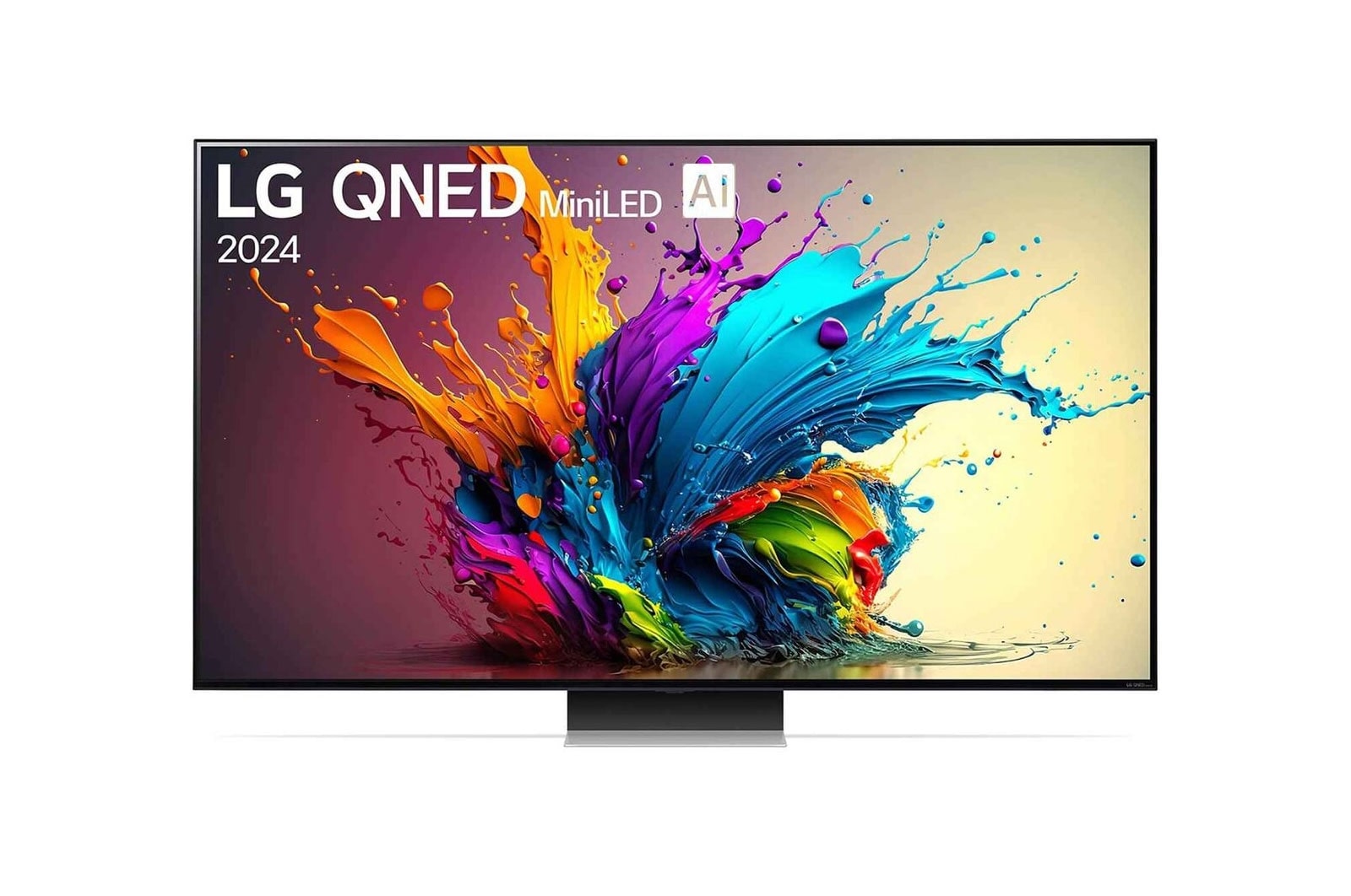 Vue avant du téléviseur LG QNED, QNED91 avec texte LG QNED MiniLED, 2024 et logo webOS Re:New Program à l’écran