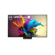 Vue avant du téléviseur LG QNED, QNED91 avec texte LG QNED MiniLED, 2024 et logo webOS Re:New Program à l’écran