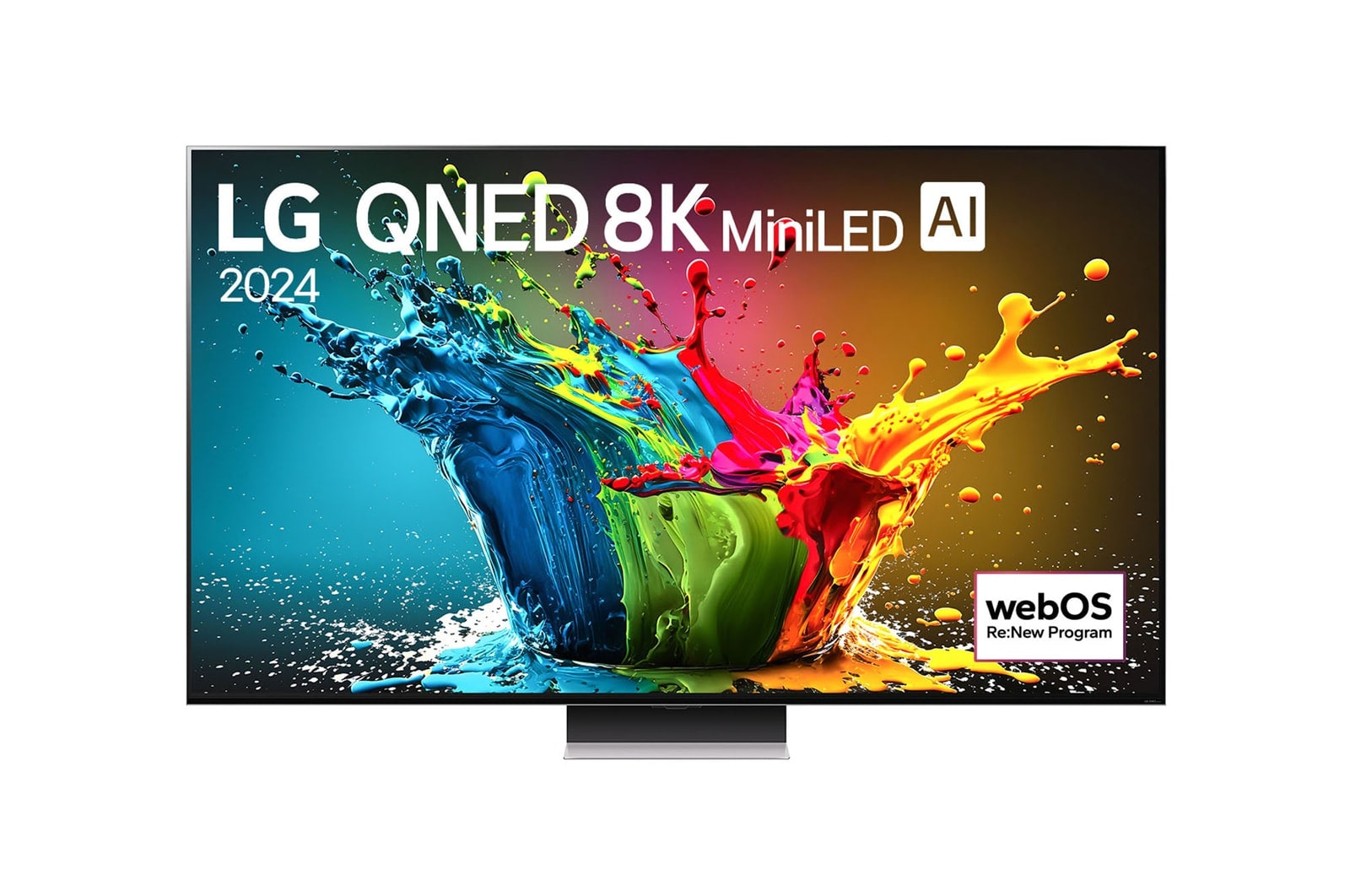 Vue avant du téléviseur LG QNED, QNED99 avec texte LG QNED MiniLED, 2024 et logo webOS Re:New Program à l’écran