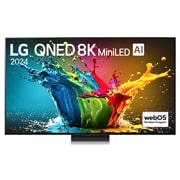 Vue avant du téléviseur LG QNED, QNED99 avec texte LG QNED MiniLED, 2024 et logo webOS Re:New Program à l’écran
