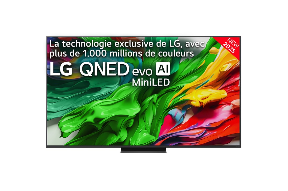 Front view of LG QNED evo QNED85 TV, LG QNED evo Al Logo on the top corner. LG QNED evo QNED85 TV depicts colorful paintike textures coming together.