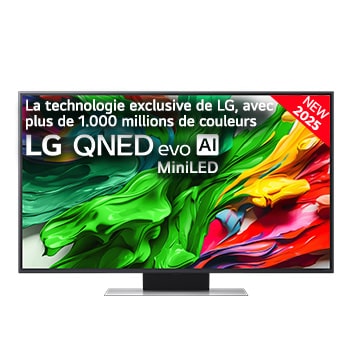 Vue avant de la TV LG QNED evo QNED85, logo LG QNED evo Al, dans le coin supérieur. La TV LG QNED evo QNED85 représente des textures colorées semblables à de la peinture, réunies.