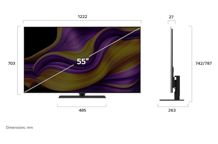Front view and side view of LG OLED evo AI G5 4K Smart TV showing its length, width, height, and depth dimensions.