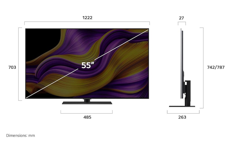 Front view and side view of LG OLED evo AI G5 4K Smart TV showing its length, width, height, and depth dimensions.