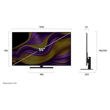 Front view and side view of LG OLED evo AI G5 4K Smart TV showing its length, width, height, and depth dimensions.